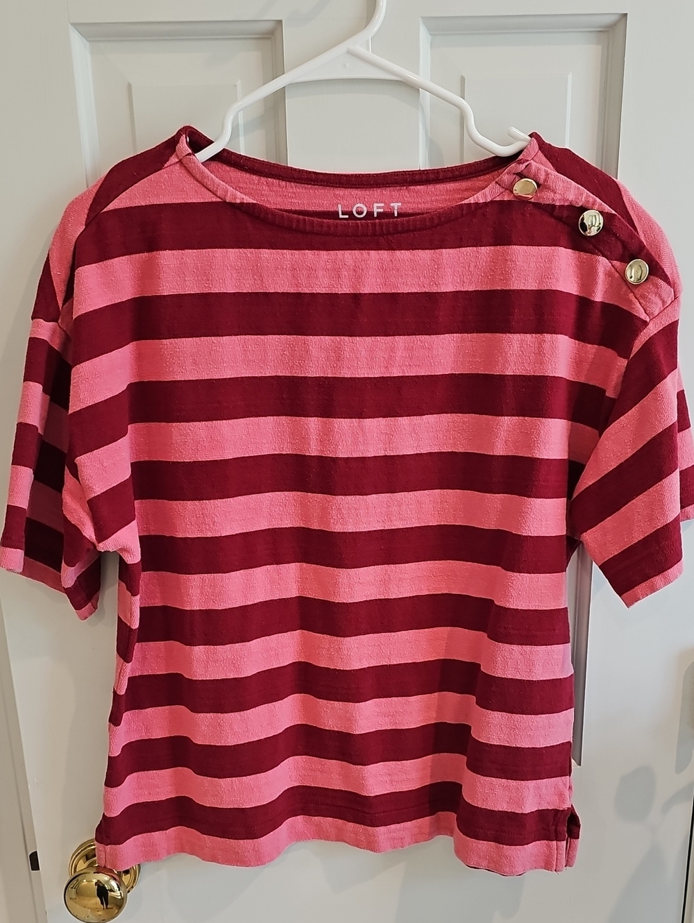 LOFT Pink and Burgundy Striped Short Sleeve Top with Shoulder Buttons